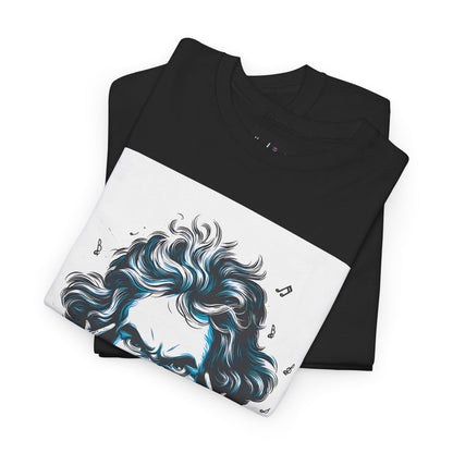 Black t-shirt with a white graphic of a stylized face and musical notes on a white background