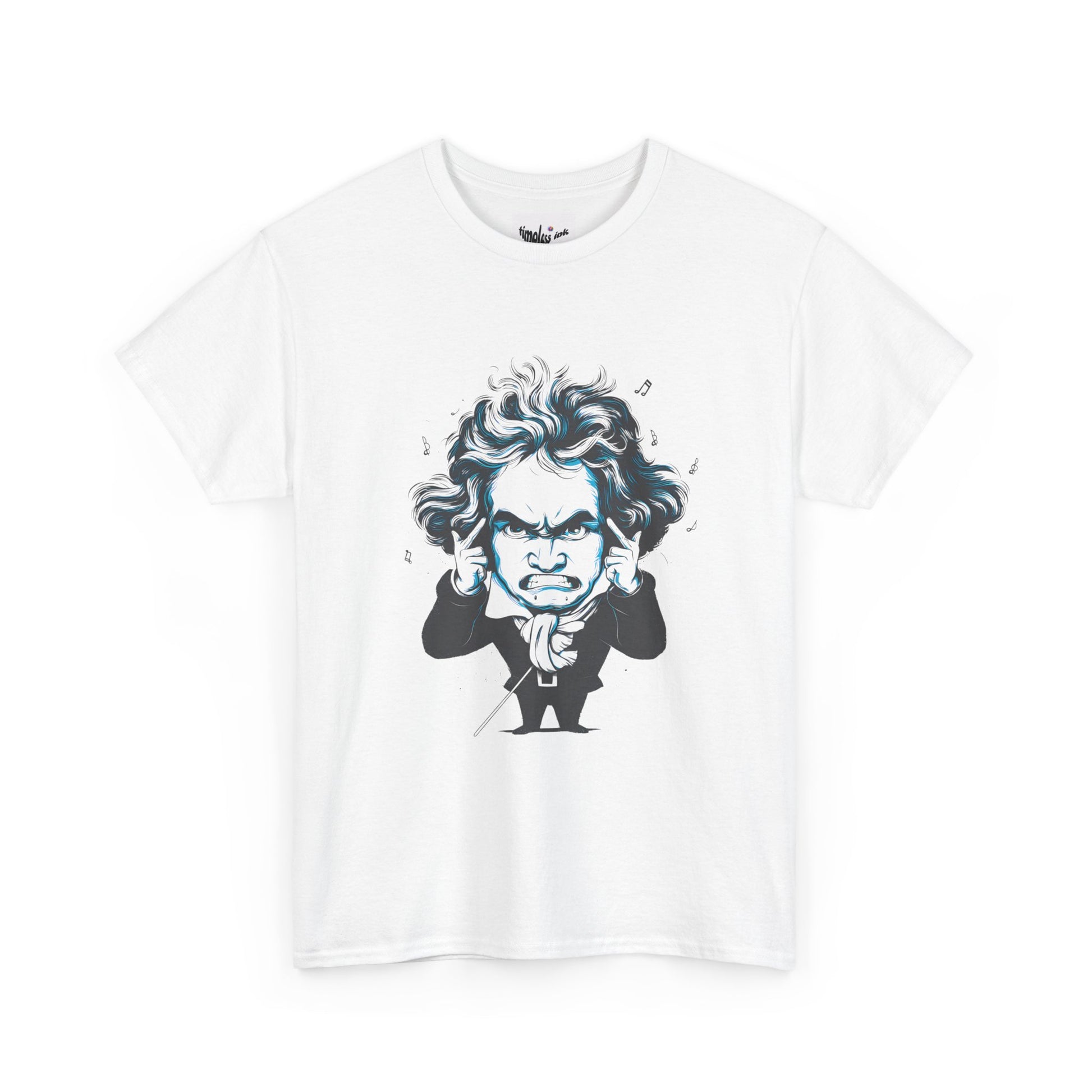 White t-shirt with a graphic of a character with long hair and a suit on a white background