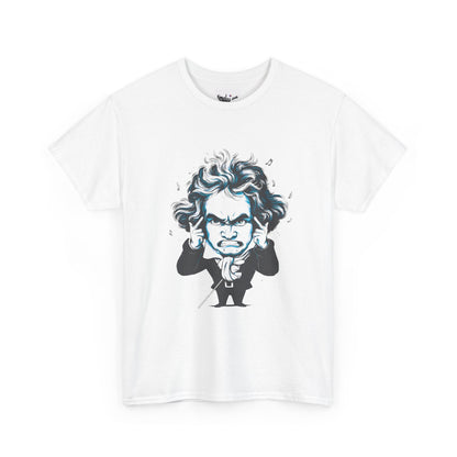 White t-shirt with a graphic of a character with long hair and a suit on a white background
