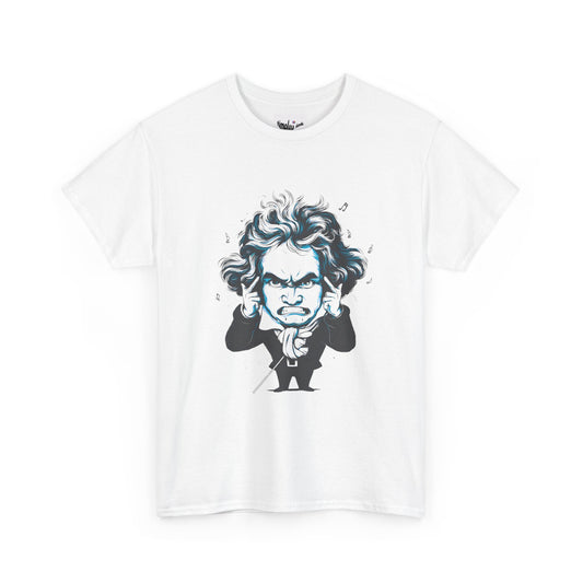 White t-shirt with a graphic of a character with long hair and a suit on a white background