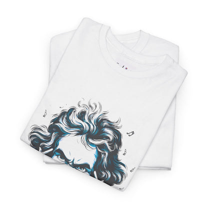 White t-shirt with a graphic design of a horse on a white background