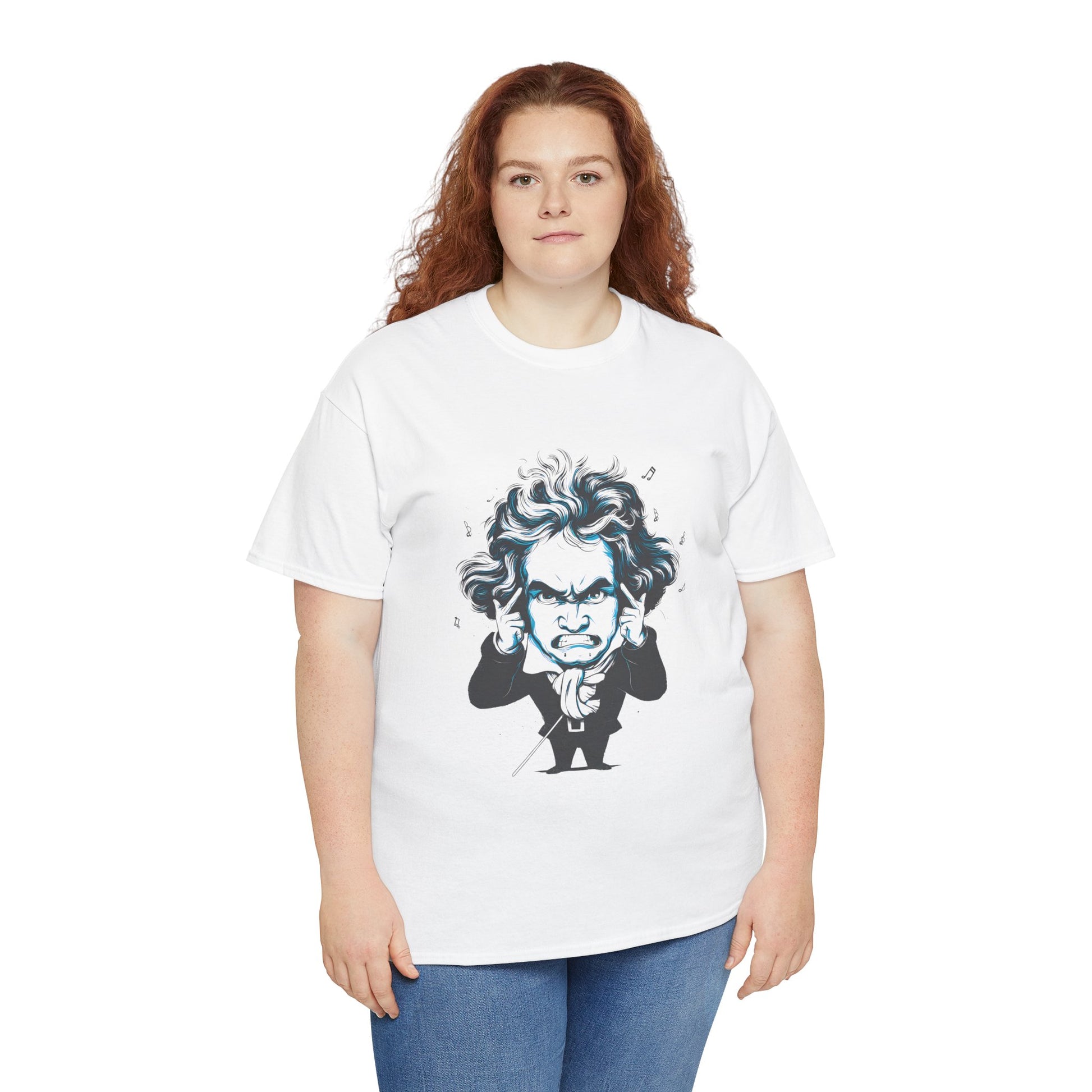 Person wearing a white t-shirt with a graphic design on a white background