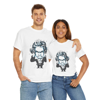 Two people wearing white t-shirts with a graphic design of a famous composer.